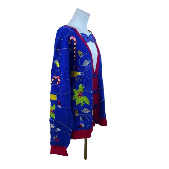 Jolly Sweaters Blue & Red Acrylic Christmas Cardigan XL Holiday Festive - New - Picture 2 of 8